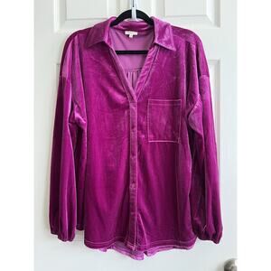 JODIFL Women's Fuchsia Velvet Button Front LS Relaxed Tunic Blouse Top Sz Large